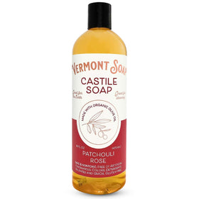 Vermont Soap Patchouli Rose bottle showcasing organic castile soap for skin care