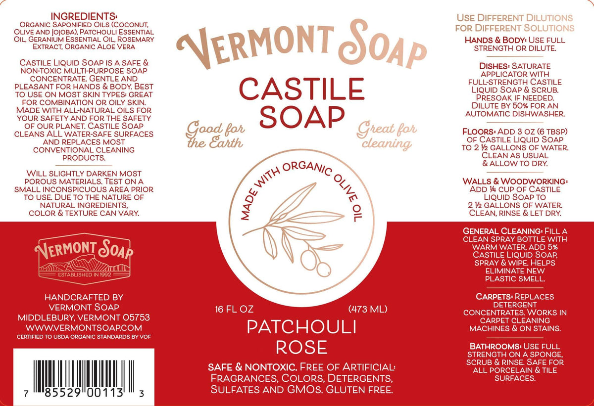 Vermont Soap Patchouli Rose bottle viewed in bathroom for everyday use