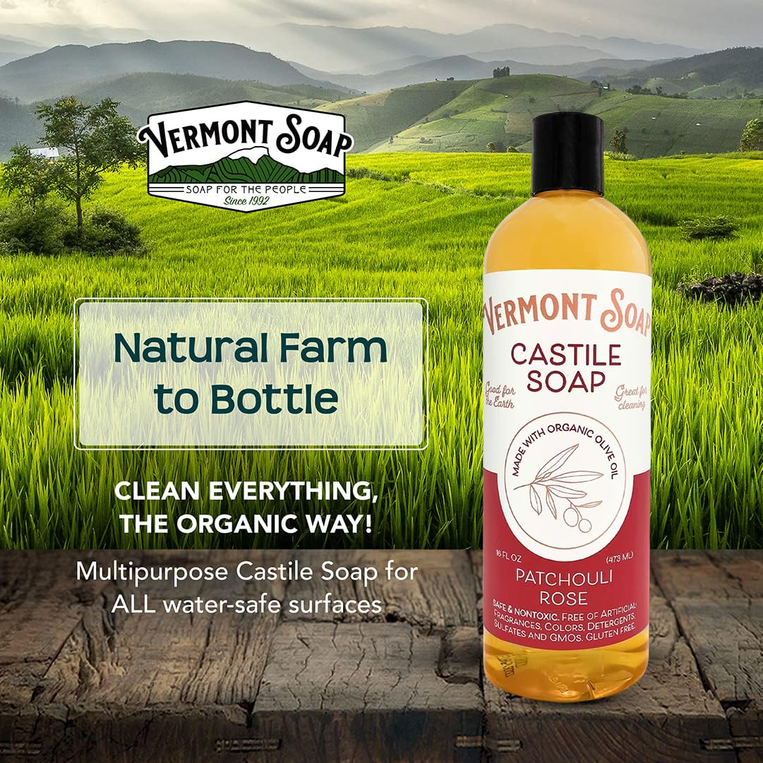 Vermont Soap Patchouli Rose ingredients highlighting vegan, organic castile formula
