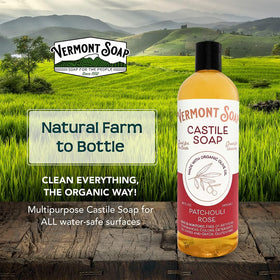 Vermont Soap Patchouli Rose ingredients highlighting vegan, organic castile formula
