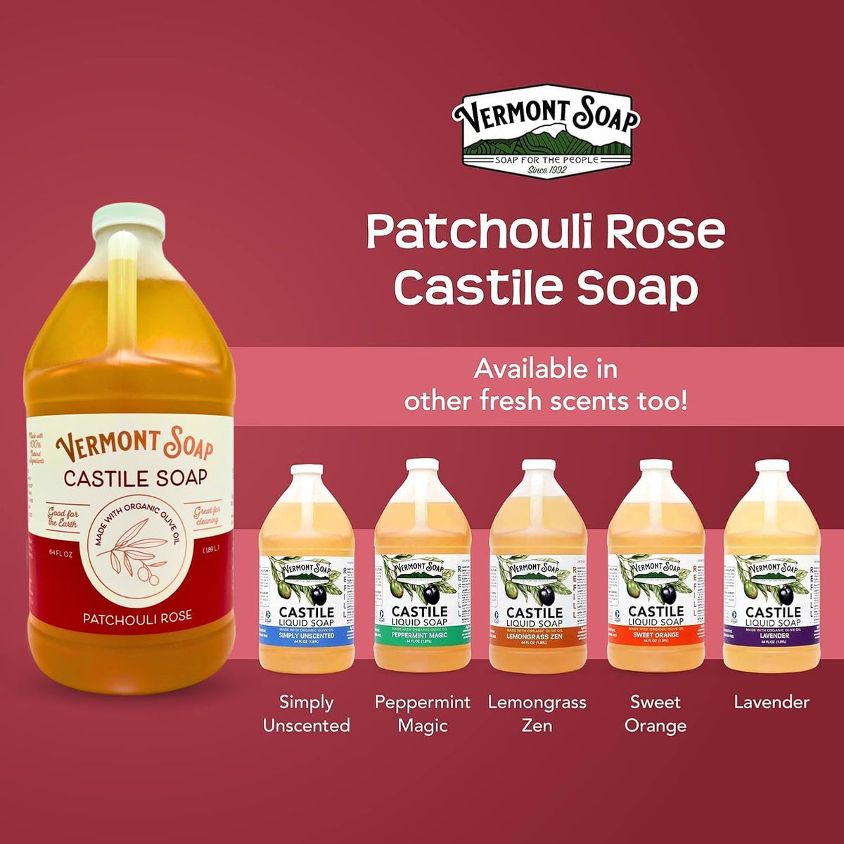Vermont Soap Patchouli Rose vegan bottle on shelf