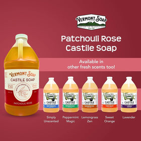 Vermont Soap Patchouli Rose vegan bottle on shelf