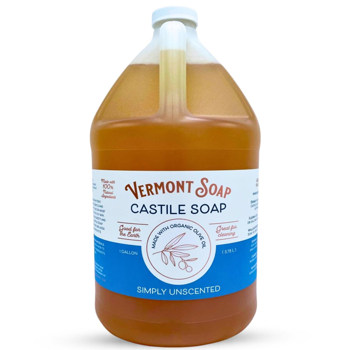 Vermont Castile Soap Unscented gallon bottle offering gentle cleansing for sensitive skin.