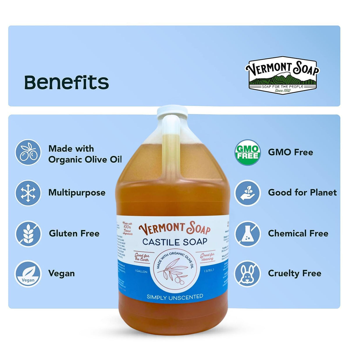 Vermont Castile Soap Unscented gentle foam for body wash and sensitive skin care.