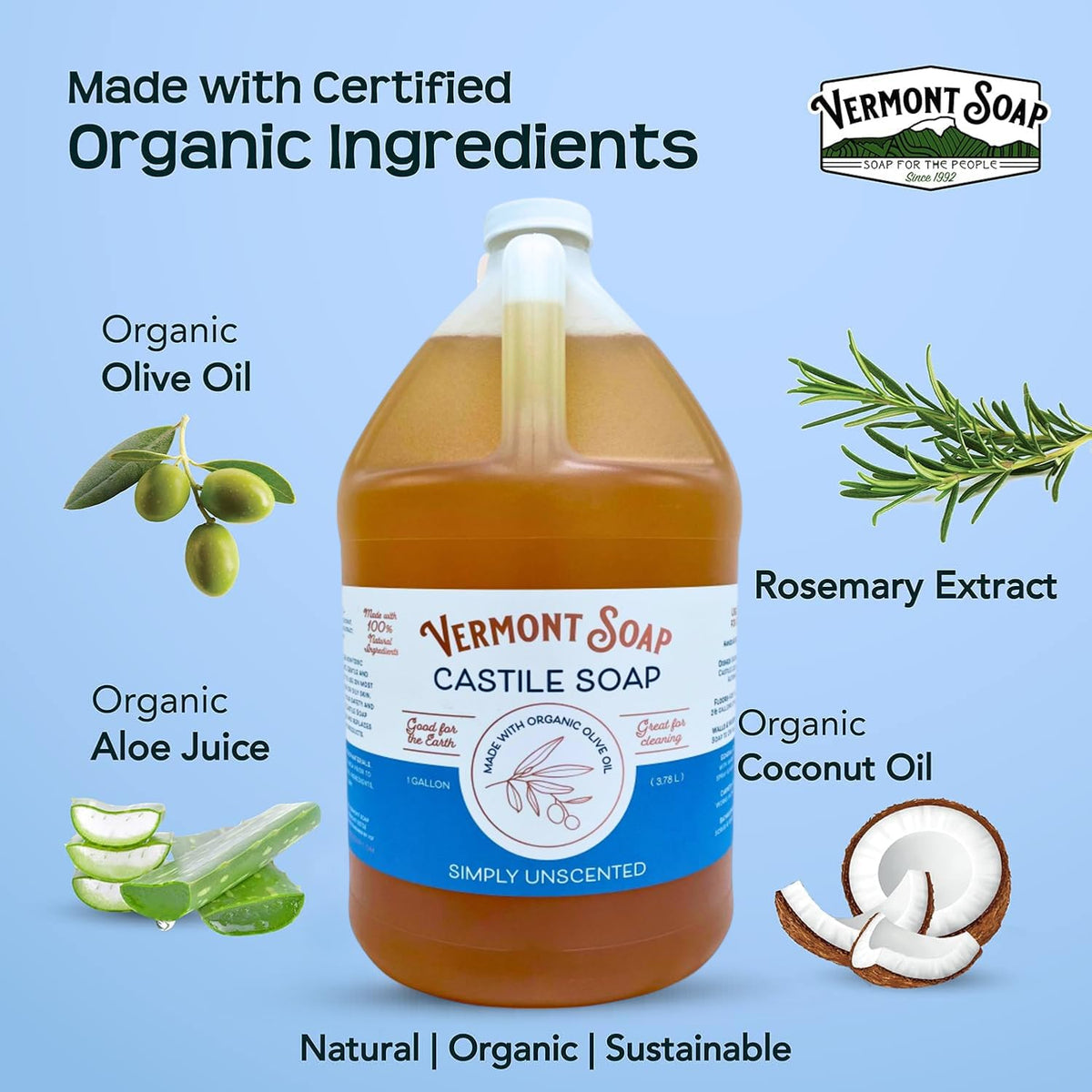 Vermont Castile Soap Unscented label highlights USDA Organic certification and ethical sourcing.