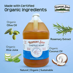 Vermont Castile Soap Unscented label highlights USDA Organic certification and ethical sourcing.