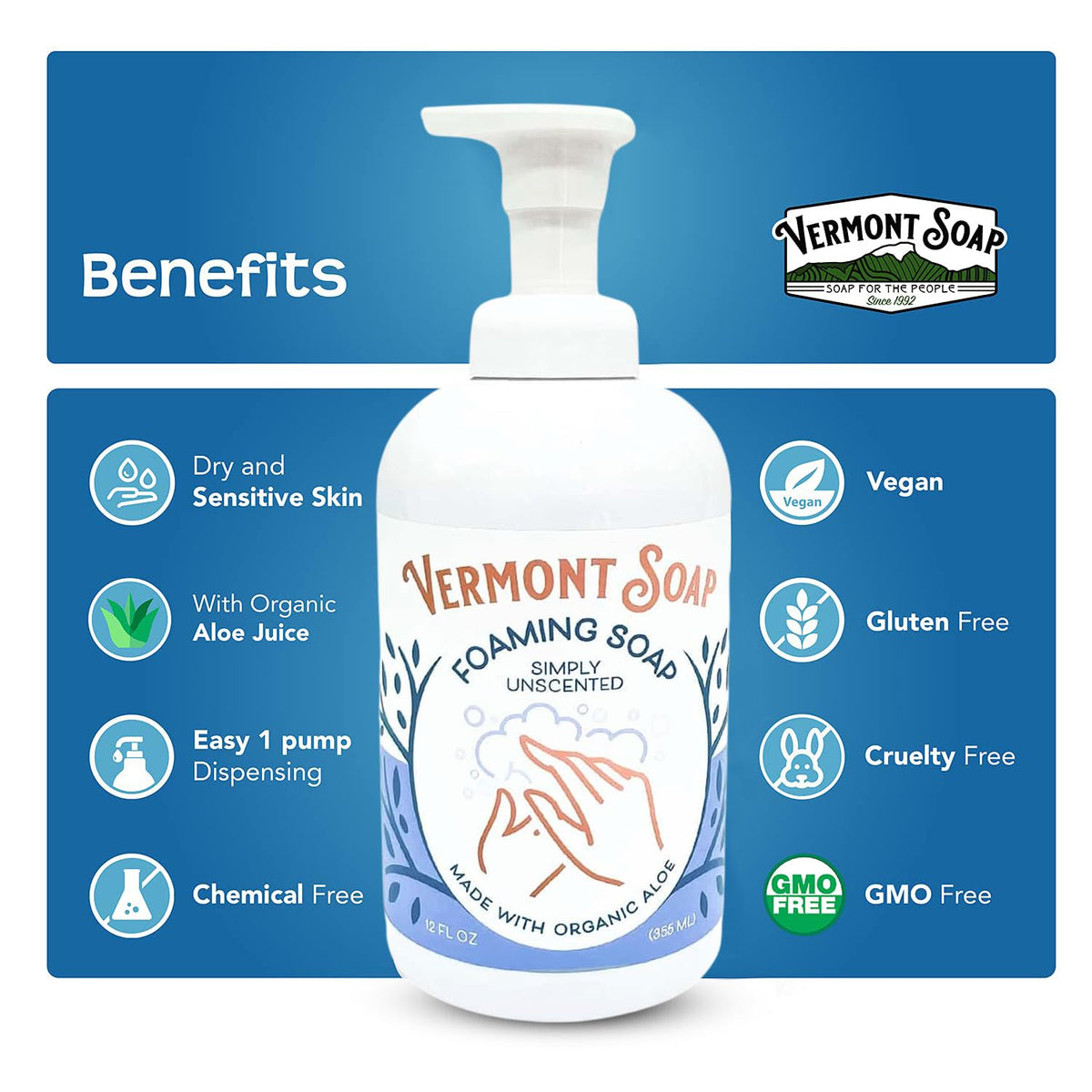 VERMONT SOAP Bathroom foam use—soothing foam for clean, moisturized hands.