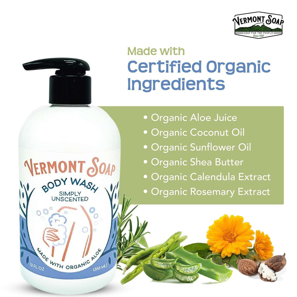VERMONT SOAP 12 oz packaging with simple unscented design