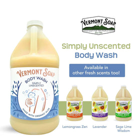 Fragrance-free daily-use setup of VERmONT SOAP body wash shown in a shower routine.