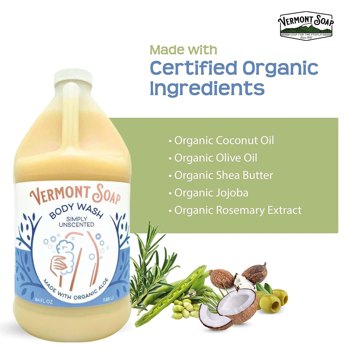 Organic ingredients label on VERmONT SOAP body wash highlights plant-based formula.