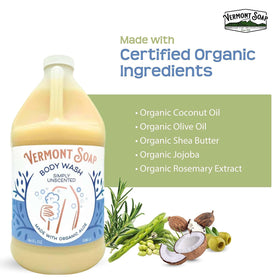 Organic ingredients label on VERmONT SOAP body wash highlights plant-based formula.