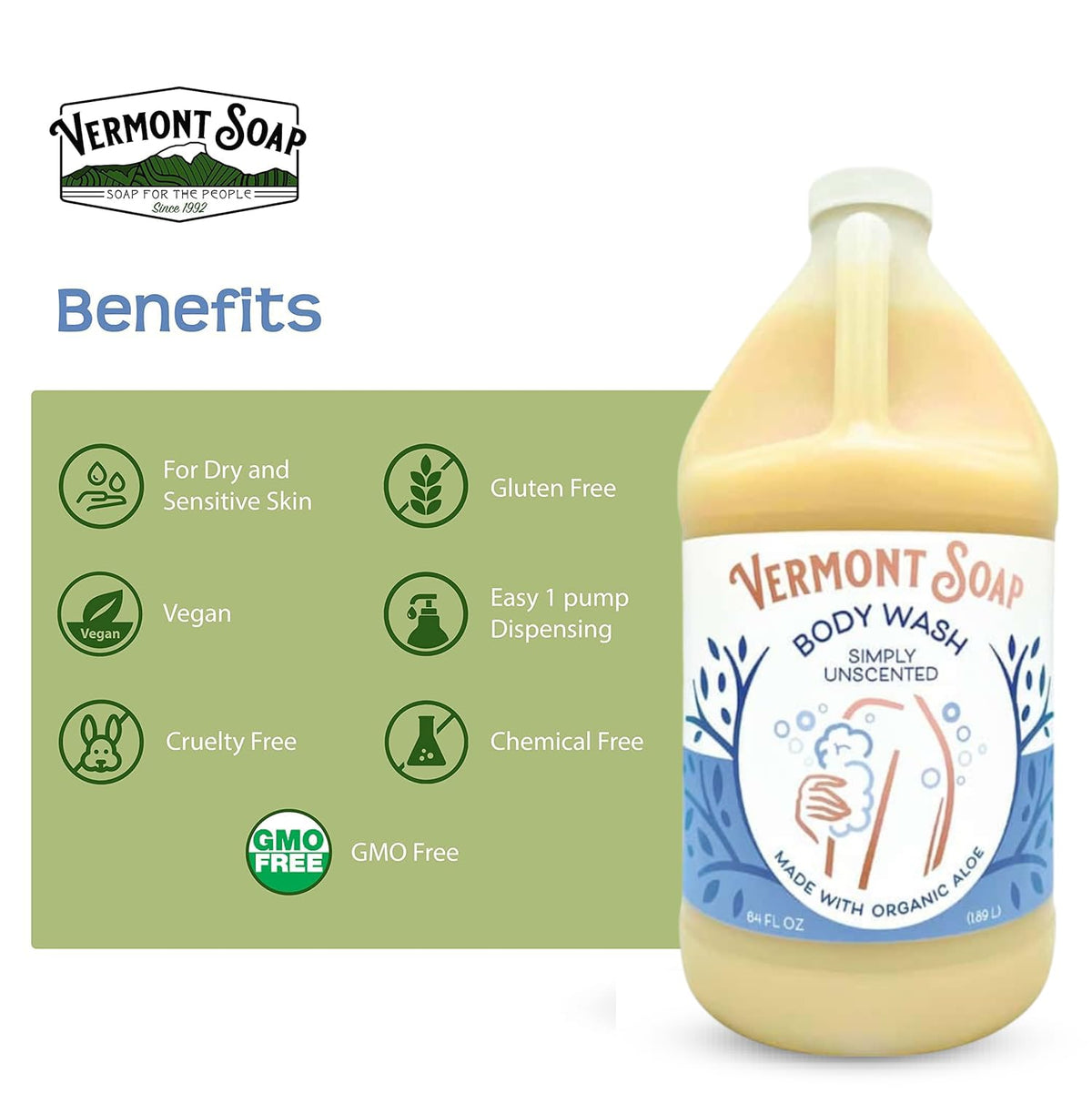 Shea butter and natural oils in VERmONT SOAP body wash nourish skin during showers.