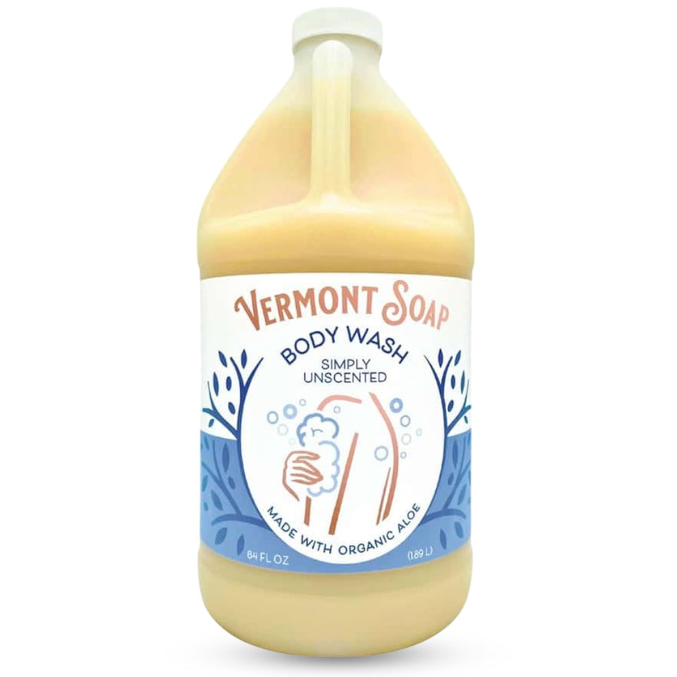 VERMONT SOAP Simply Unscented 64oz bottle for fragrance-free daily cleansing on sensitive skin.
