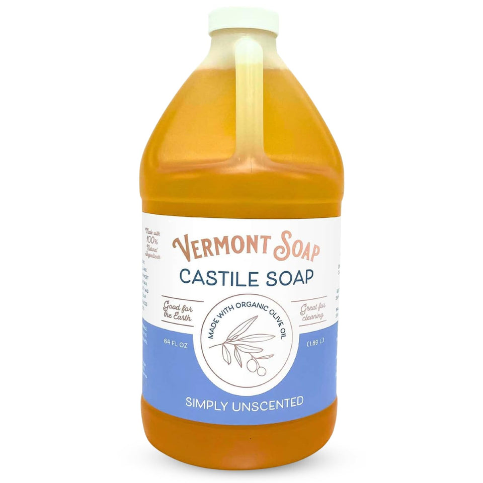 Vermont Soap Castile Unscented 64oz bottle for sensitive skin care.