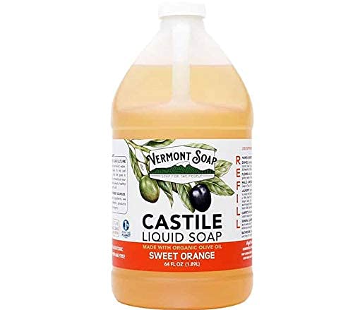 Vermont Soap castile unscented 64oz bottle ready for versatile daily use.