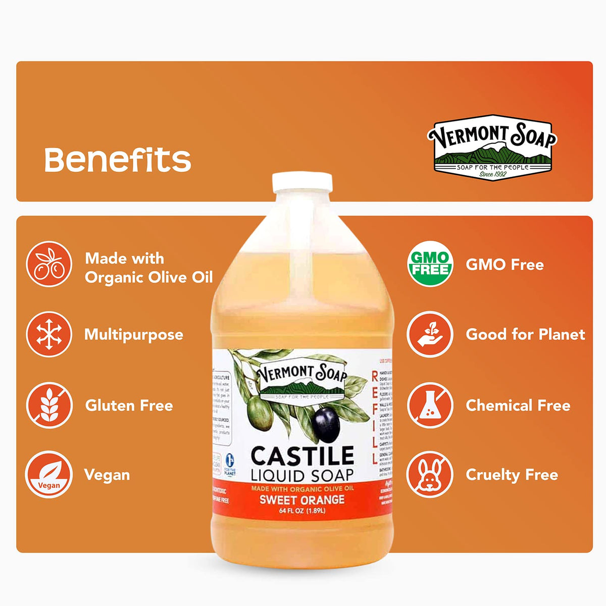 Vermont Soap multipurpose castile soap shown as dish and cleaner.