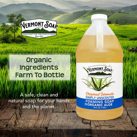 VERMONT SOAP Organic farm-to-bottle icon on packaging.