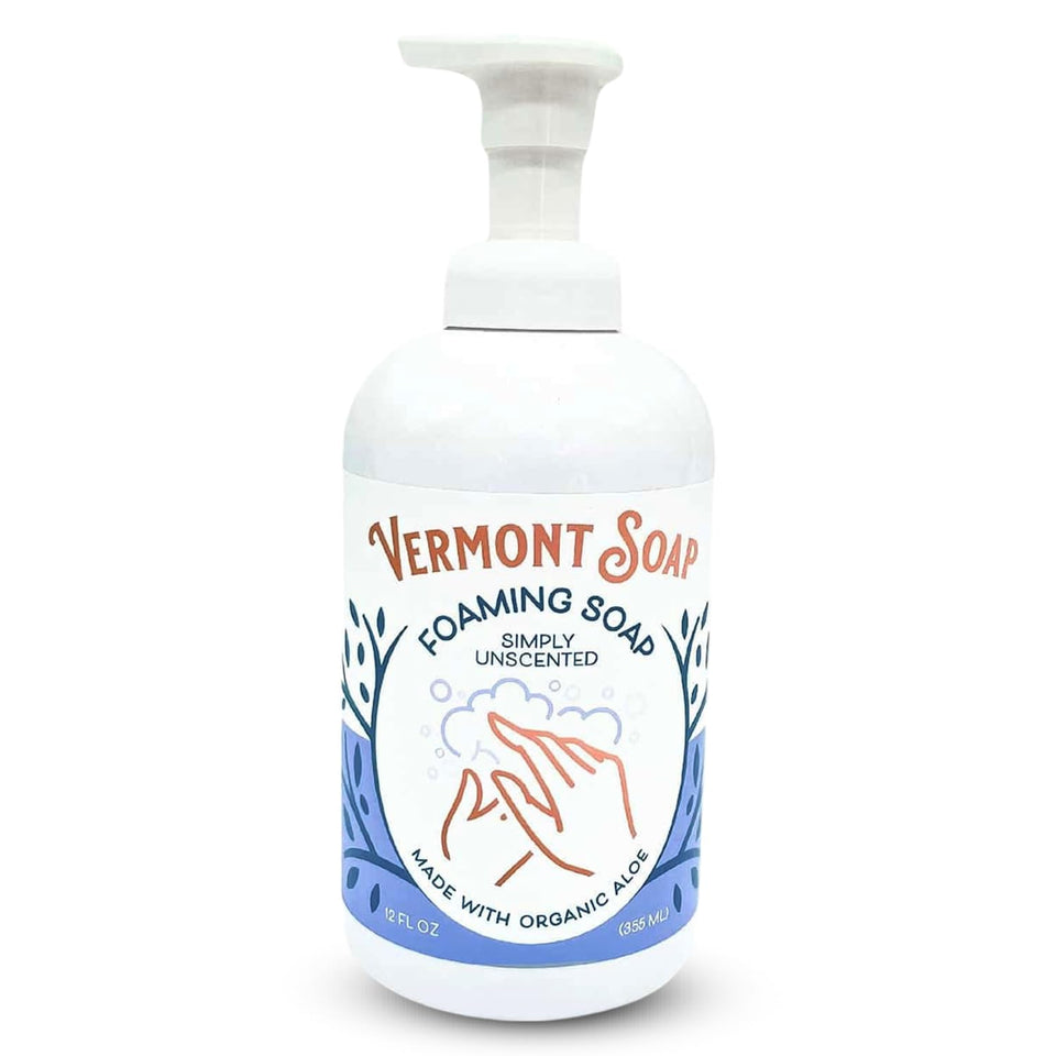 VERMONT SOAP Organic Unscented Foaming Hand Soap bottle—gentle, fragrance-free for sensitive skin.