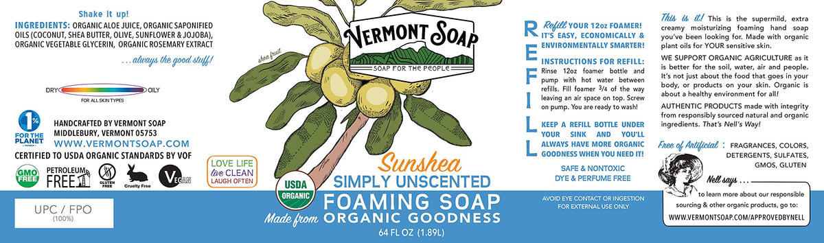 VERMONT SOAP Simply Unscented hand soap label by sink for sensitive skin.