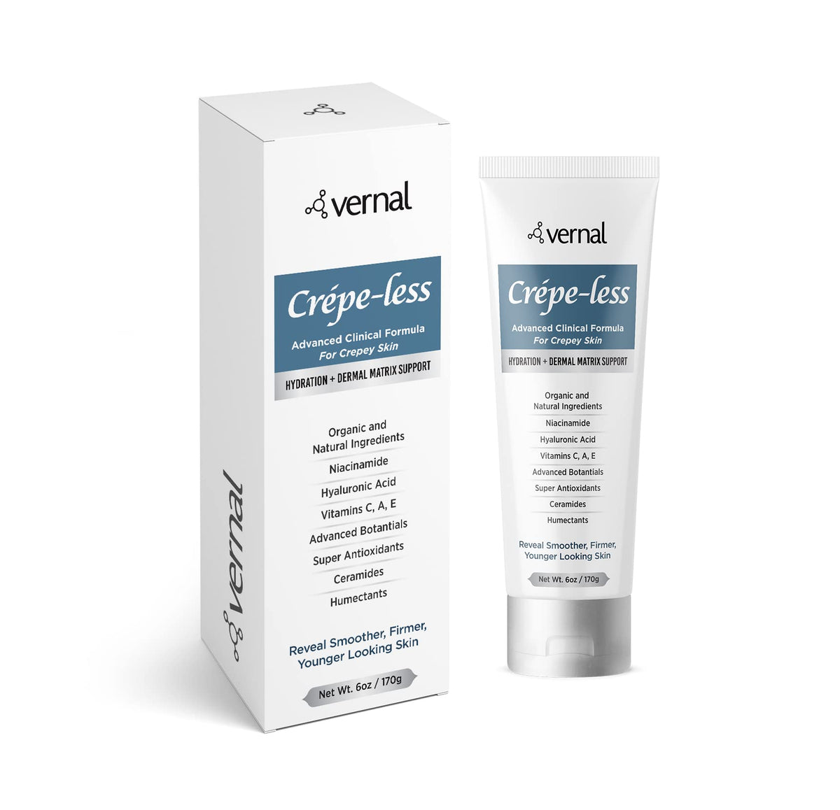 Vernal Crepe-less Skin Firming Cream bottle shows rich texture for arm care.