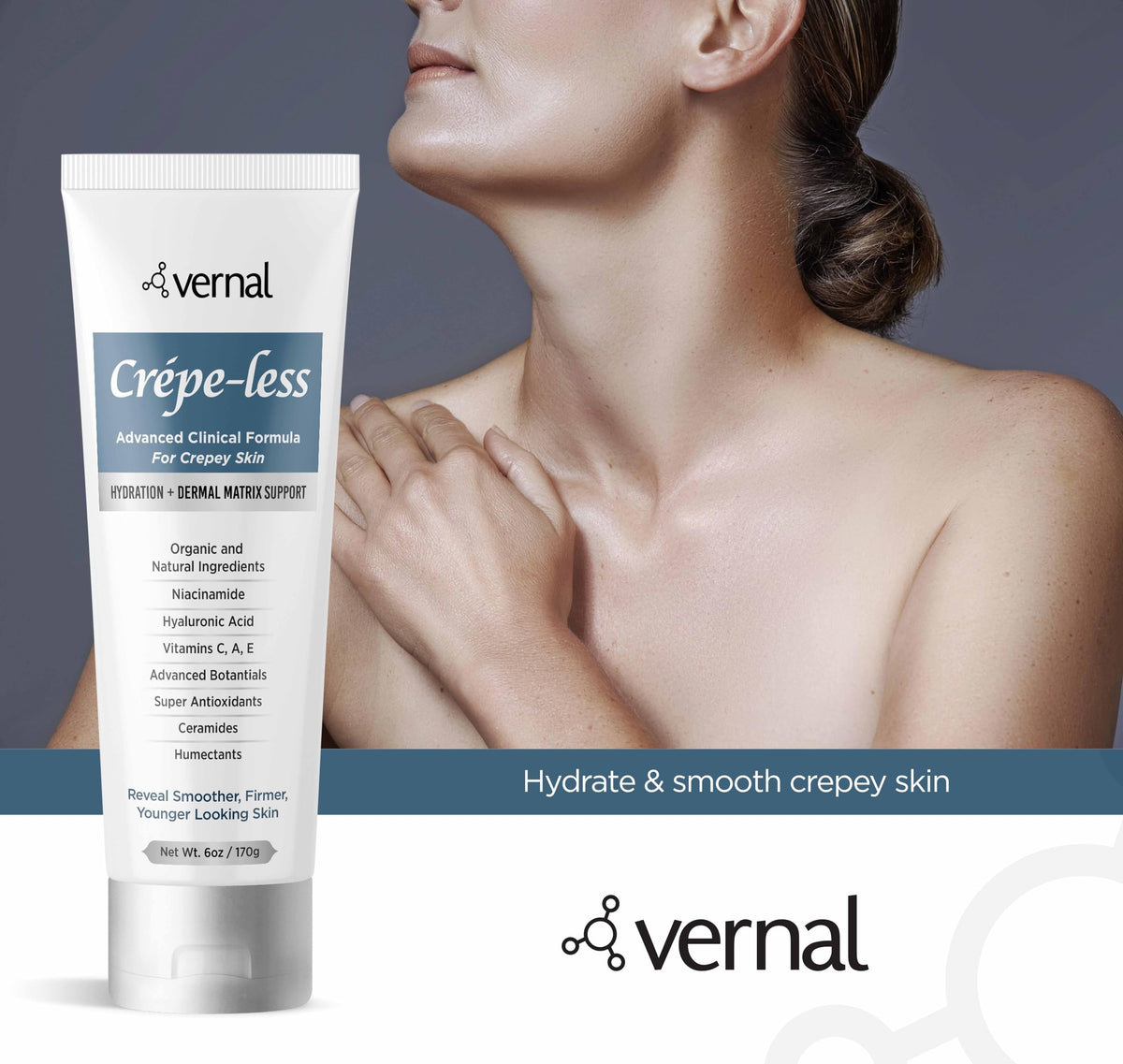 Vernal Crepe-less Skin Firming Cream organic blend ingredients highlighted.