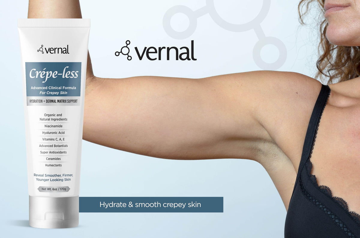 Vernal Crepe-less Skin Firming Cream 6 oz packaging features long-lasting use.