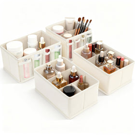 VERONLY cosmetic storage bin with rectangular compartments on a dresser for easy makeup access.