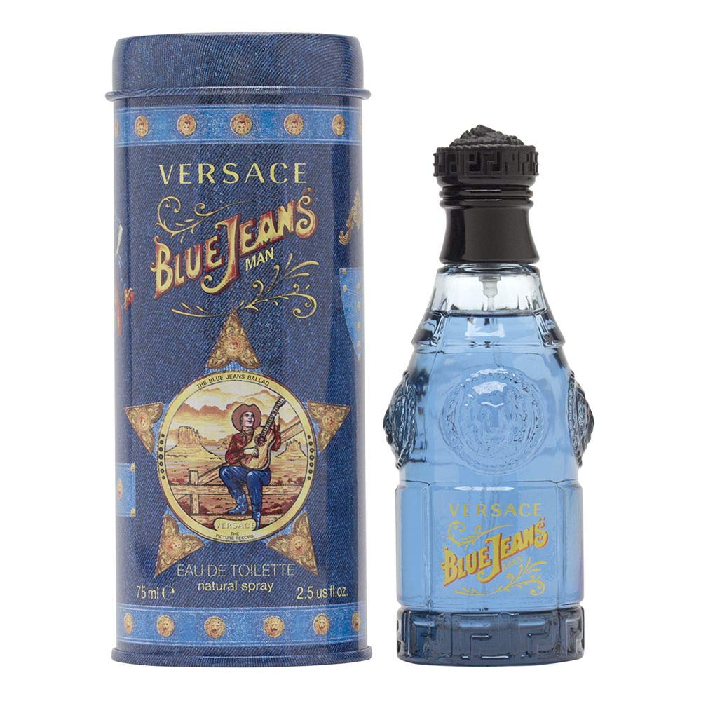Versace Blue Jeans bottle viewed from front; casual, everyday fragrance for men
