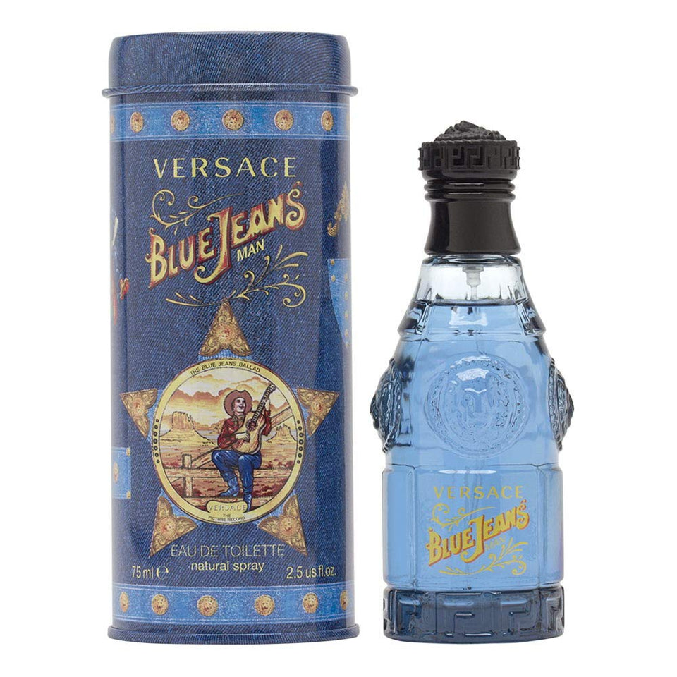 Versace Blue Jeans bottle viewed from front; casual, everyday fragrance for men