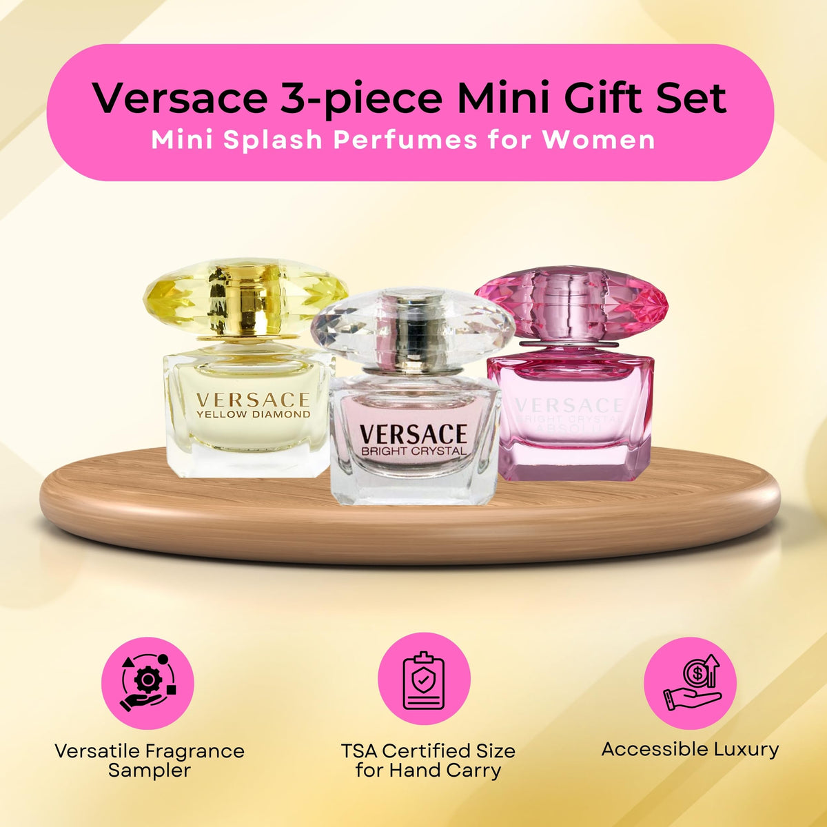 Versace Bright Crystal Absolu mini bottle close-up, showcasing bold floral essence.