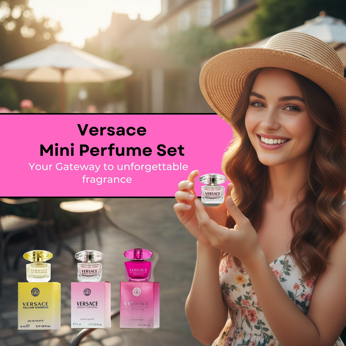 Versace collection display perspective, three iconic scents in travel-friendly 5 ml sizes.