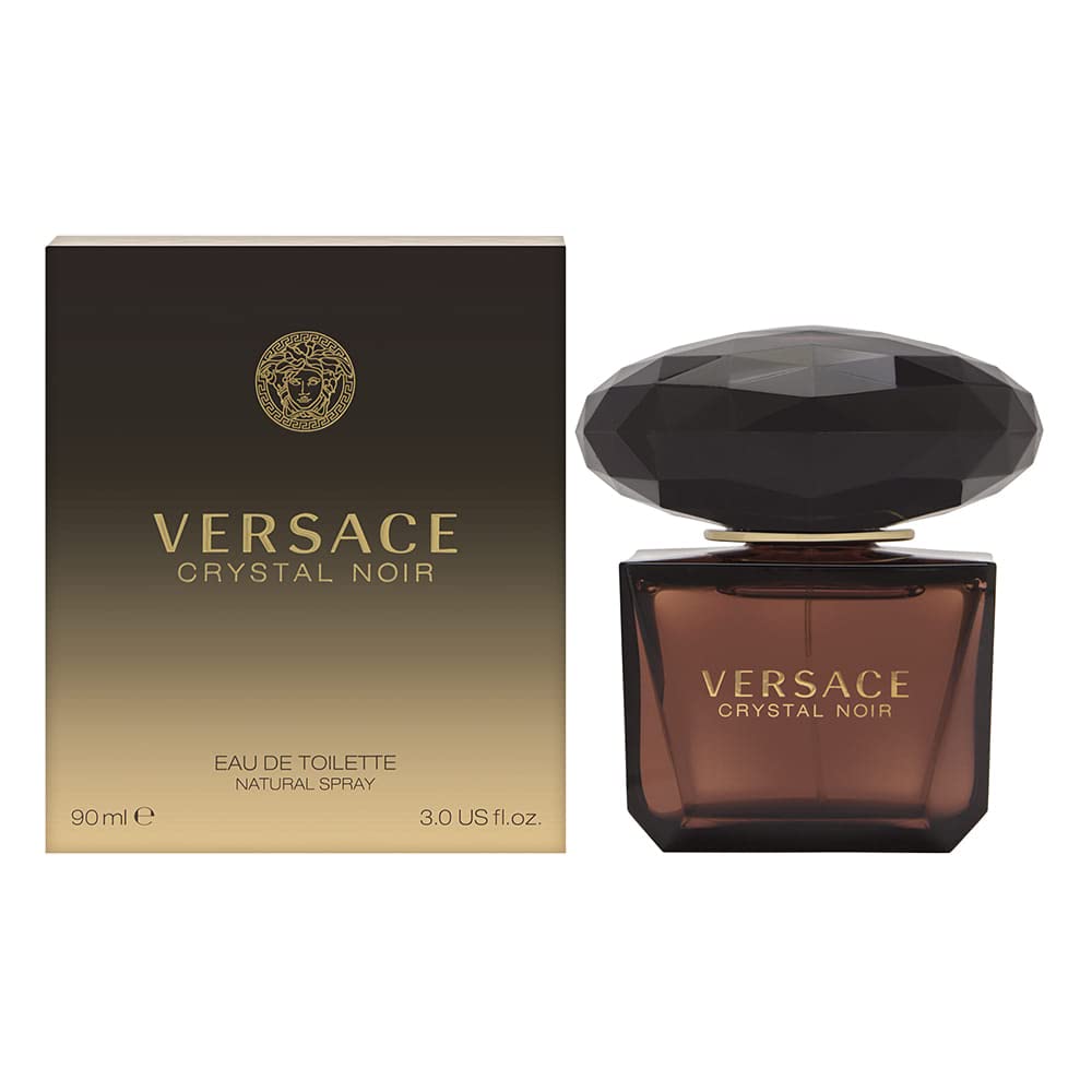 Versace Crystal Noir bottle viewed front, elegant fragrance for women.