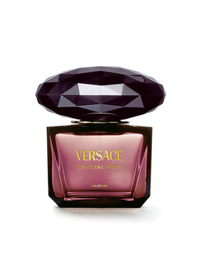 Versace Crystal Noir parfum bottle pour close-up, premium luxury scent for women.