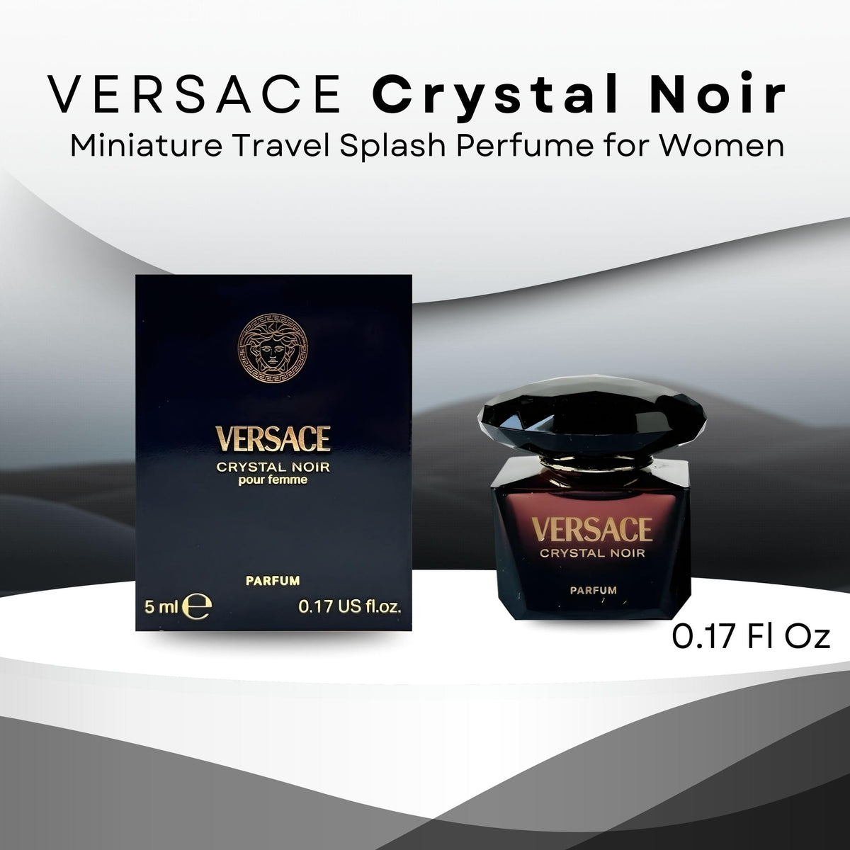 Versace Crystal Noir mini bottle close-up label highlights chic branding and travel-friendly design