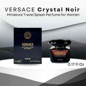 Versace Crystal Noir mini bottle close-up label highlights chic branding and travel-friendly design
