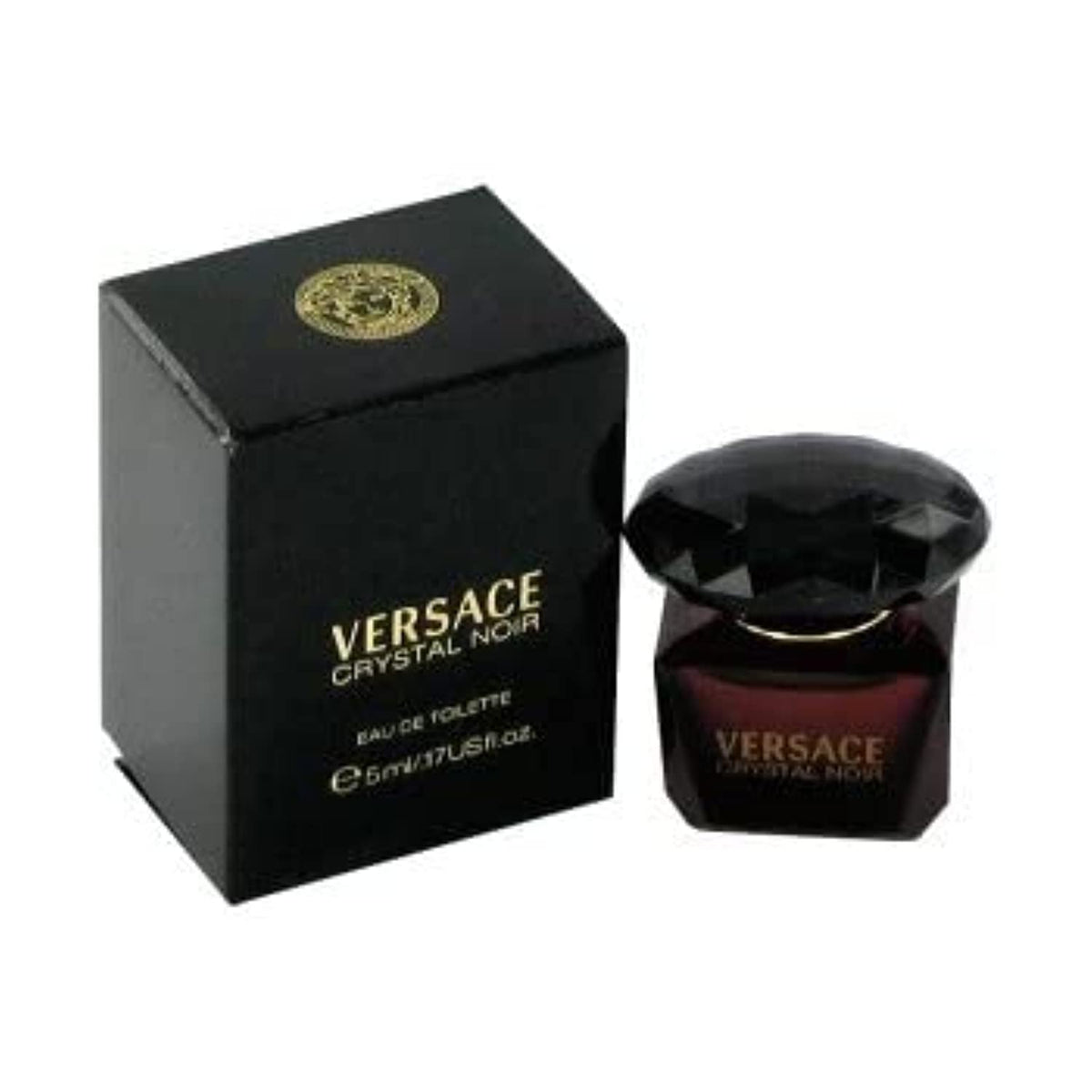 Versace Crystal Noir mini bottle side view, rich amber floral vibe for special occasions.