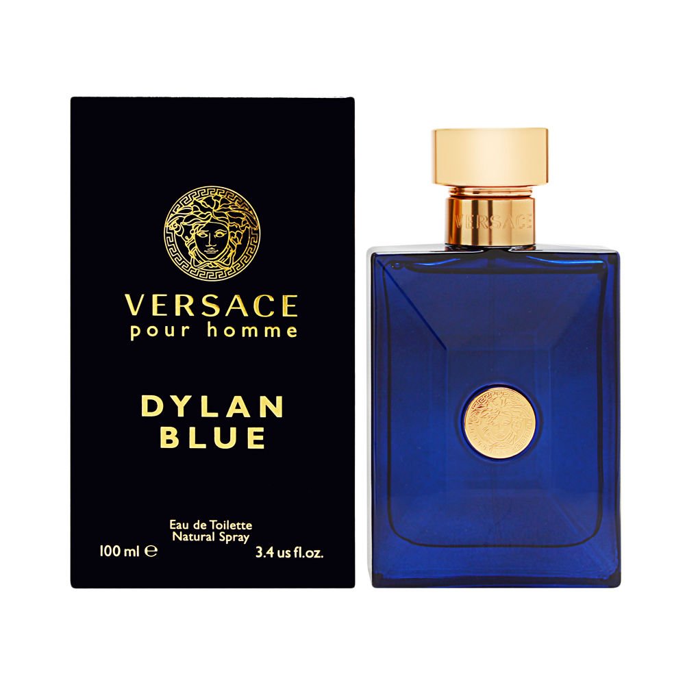 Versace Dylan Blue for Men bottle on display, ideal for daytime or evening wear.
