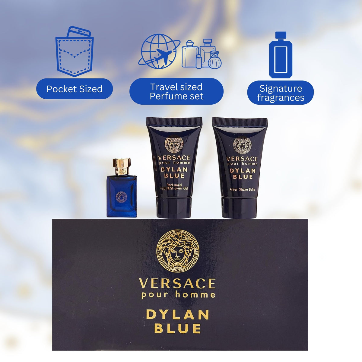 Versace Dylan Blue miniature set gift-pack arrangement ideal for gifting.