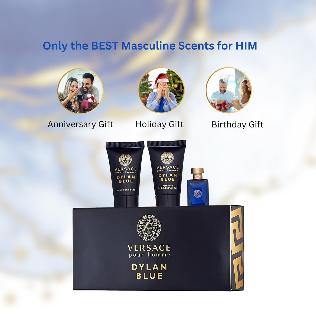 Versace Dylan Blue unboxing shot featuring the complete three-piece collection.