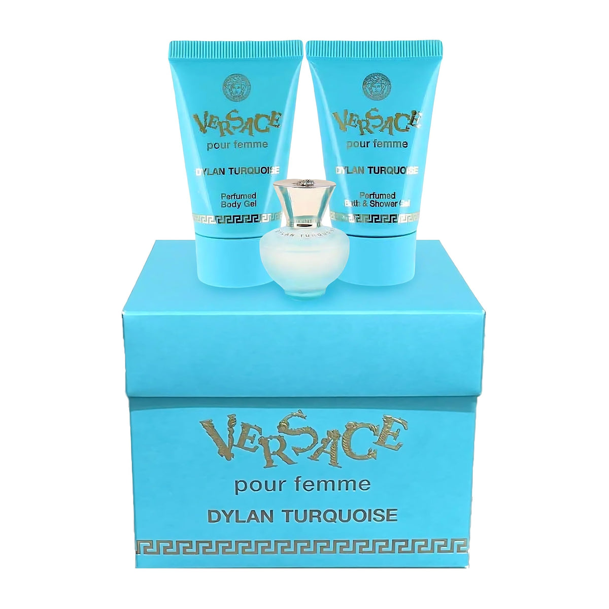 Versace Dylan Turquoise gift box front view conveys elegance.