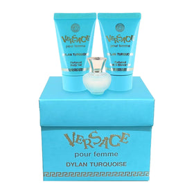 Versace Dylan Turquoise gift box front view conveys elegance.