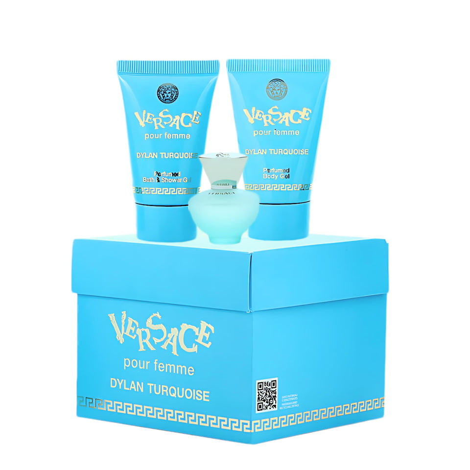 Versace Dylan Turquoise mini perfume trio packaging, ideal for gifting.