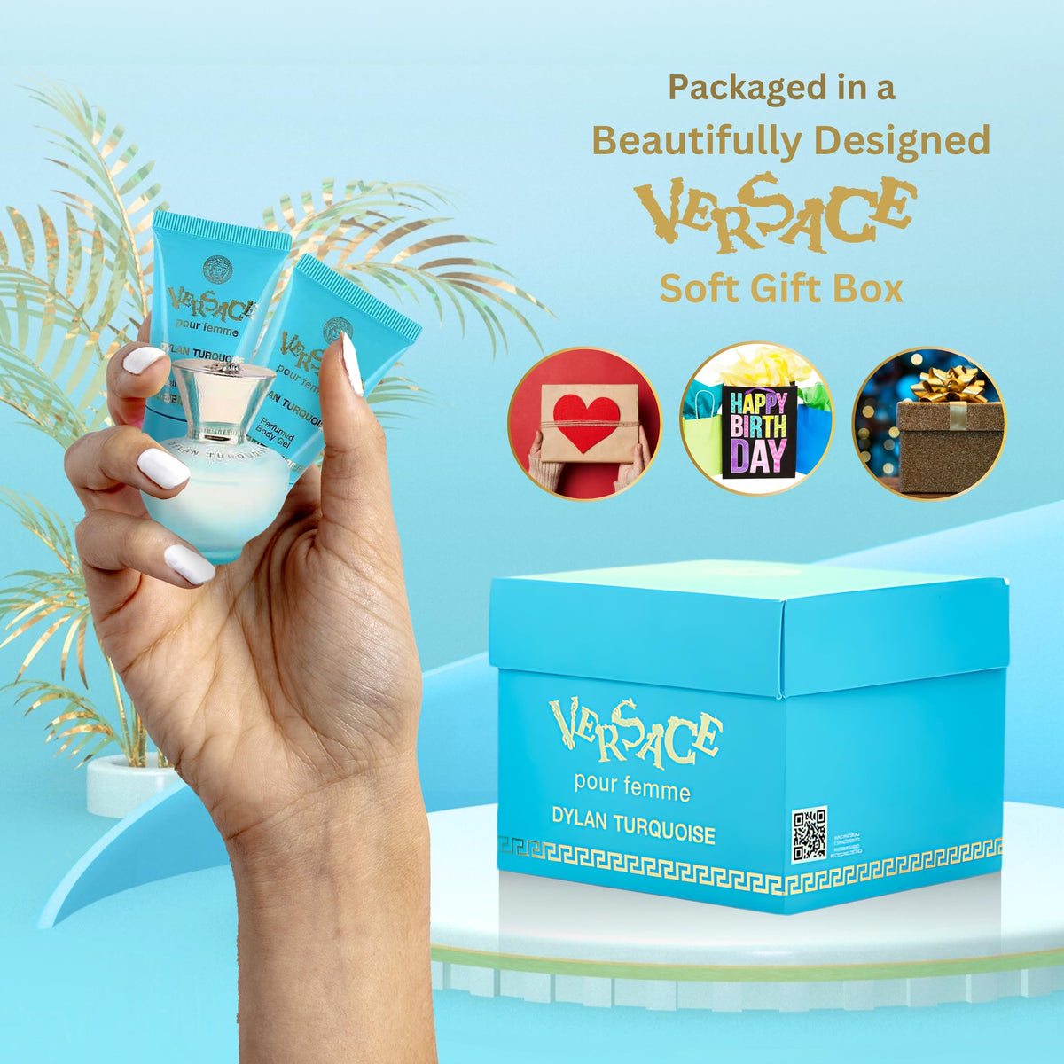 Versace Dylan Turquoise travel-size collection ready for trips.