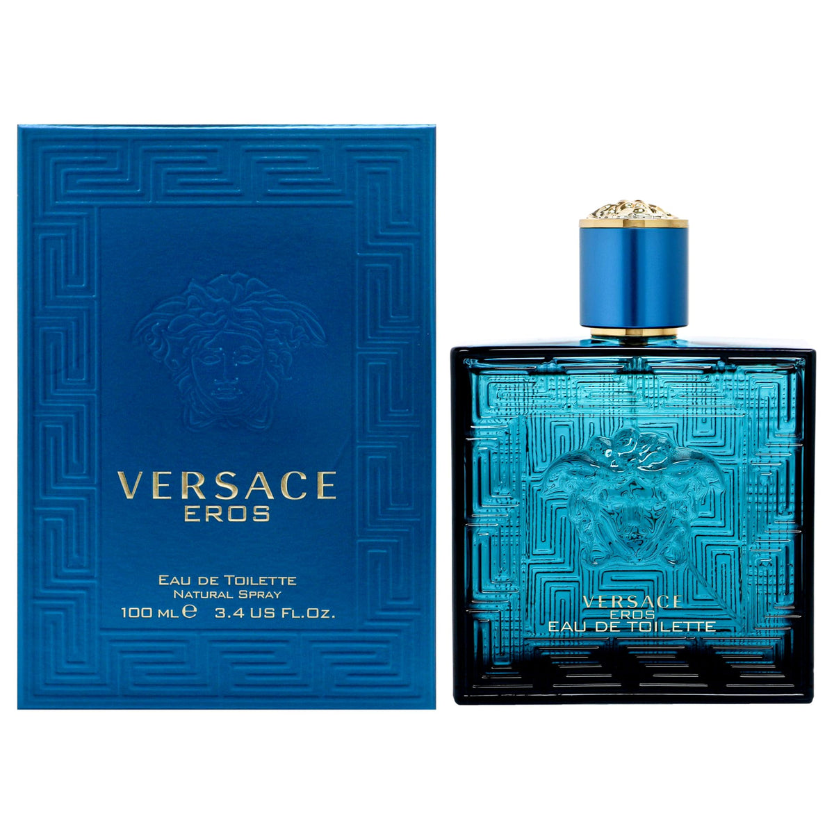 Versace Eros bottle front view showcases iconic design for everyday style.