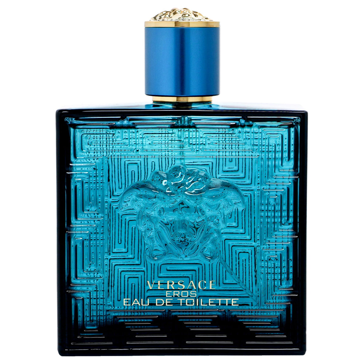 Versace Eros bottle side profile highlights a masculine silhouette for timeless appeal.