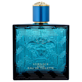 Versace Eros bottle side profile highlights a masculine silhouette for timeless appeal.
