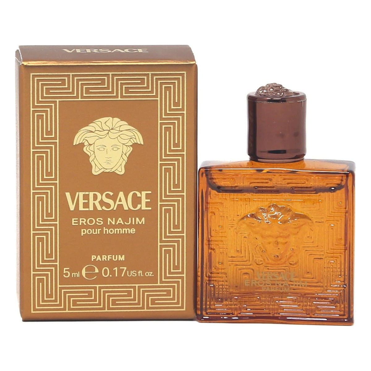 Versace Eros Najim mini bottle closeup, ideal for on-the-go fragrance touch-ups.