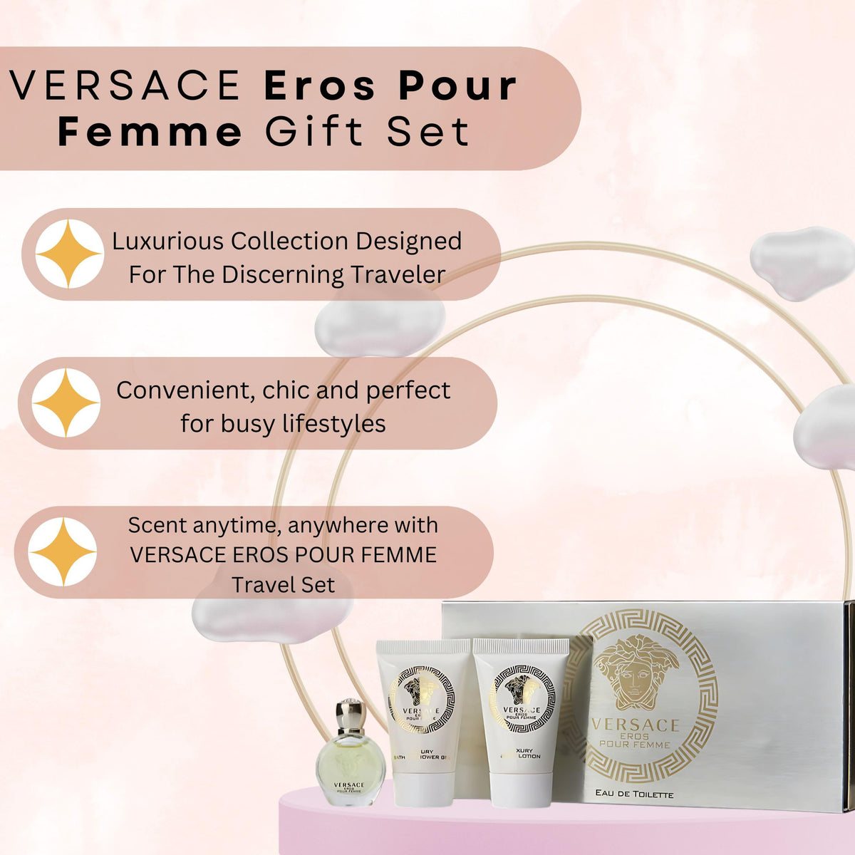 Notes of lemon and bergamot in Versace Eros Pour Femme indicate citrus brightness.