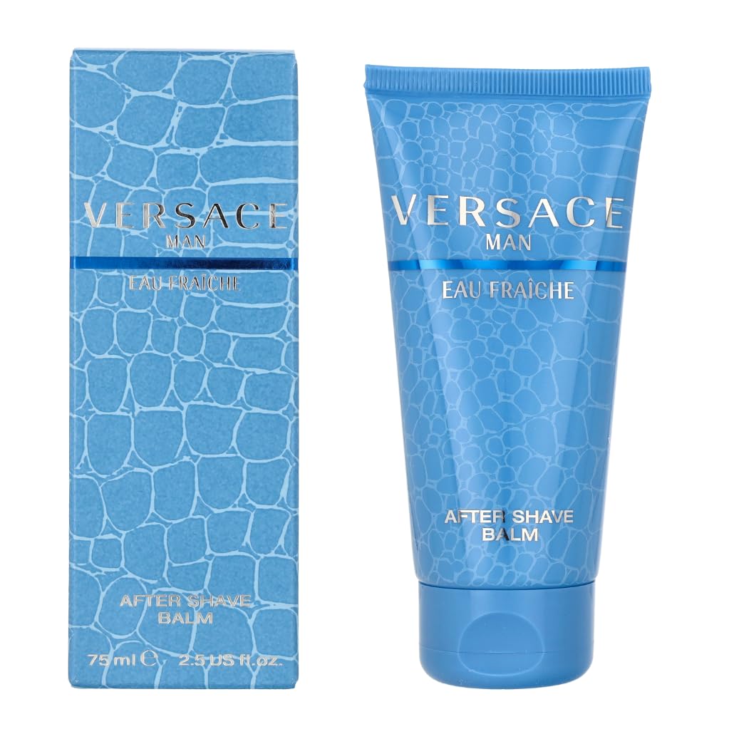Versace Man Eau Fraiche aftershave balm bottle close-up, hydrating skin after shaving.