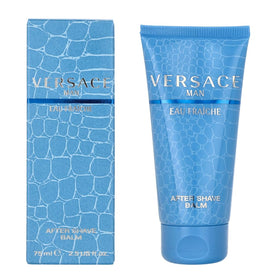 Versace Man Eau Fraiche aftershave balm bottle close-up, hydrating skin after shaving.